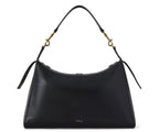 Black handbag with gold hardware on a white background