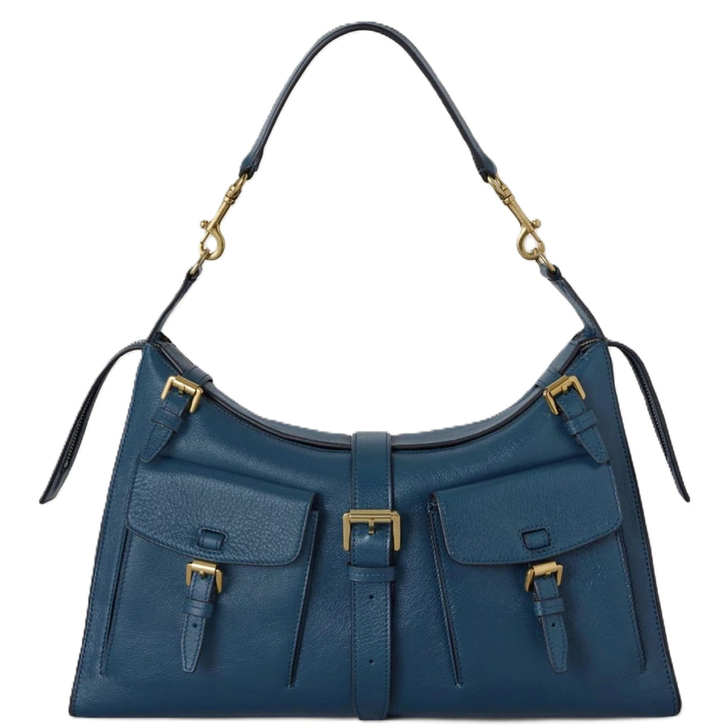 Blue handbag with gold hardware on a white background