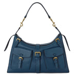 Blue handbag with gold hardware on a white background