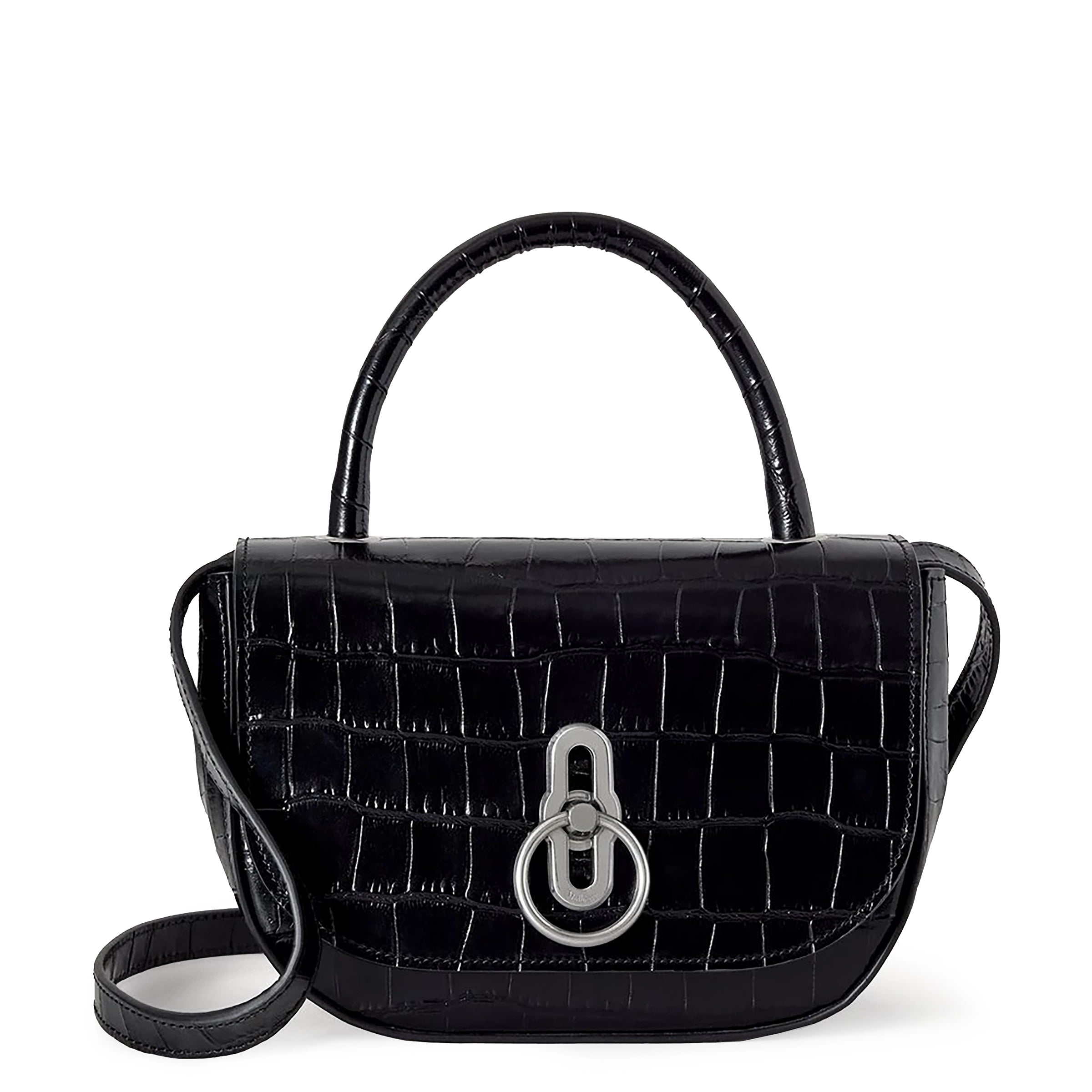 Mulberry Small Amberley bag in black croc-print leather with structured silhouette, chain strap and Rider’s Lock closure