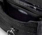 Close-up of a black handbag with 'Mulberry' branding on a white background