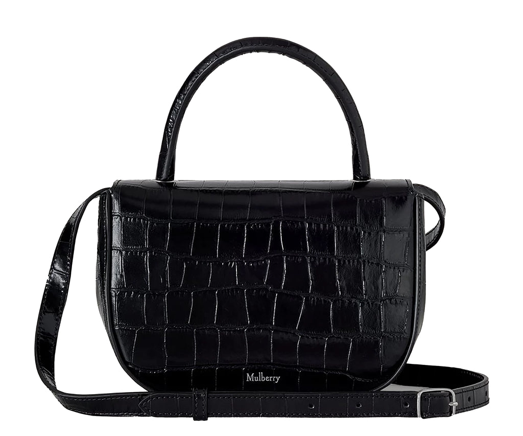Mulberry Small Amberley bag in black croc-print leather with structured silhouette, chain strap and Rider’s Lock closure