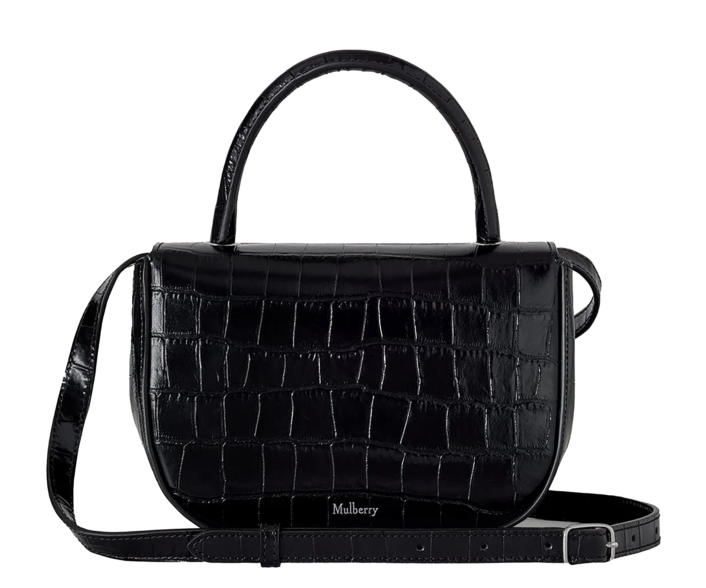 Mulberry Small Amberley bag in black croc-print leather with structured silhouette, chain strap and Rider’s Lock closure