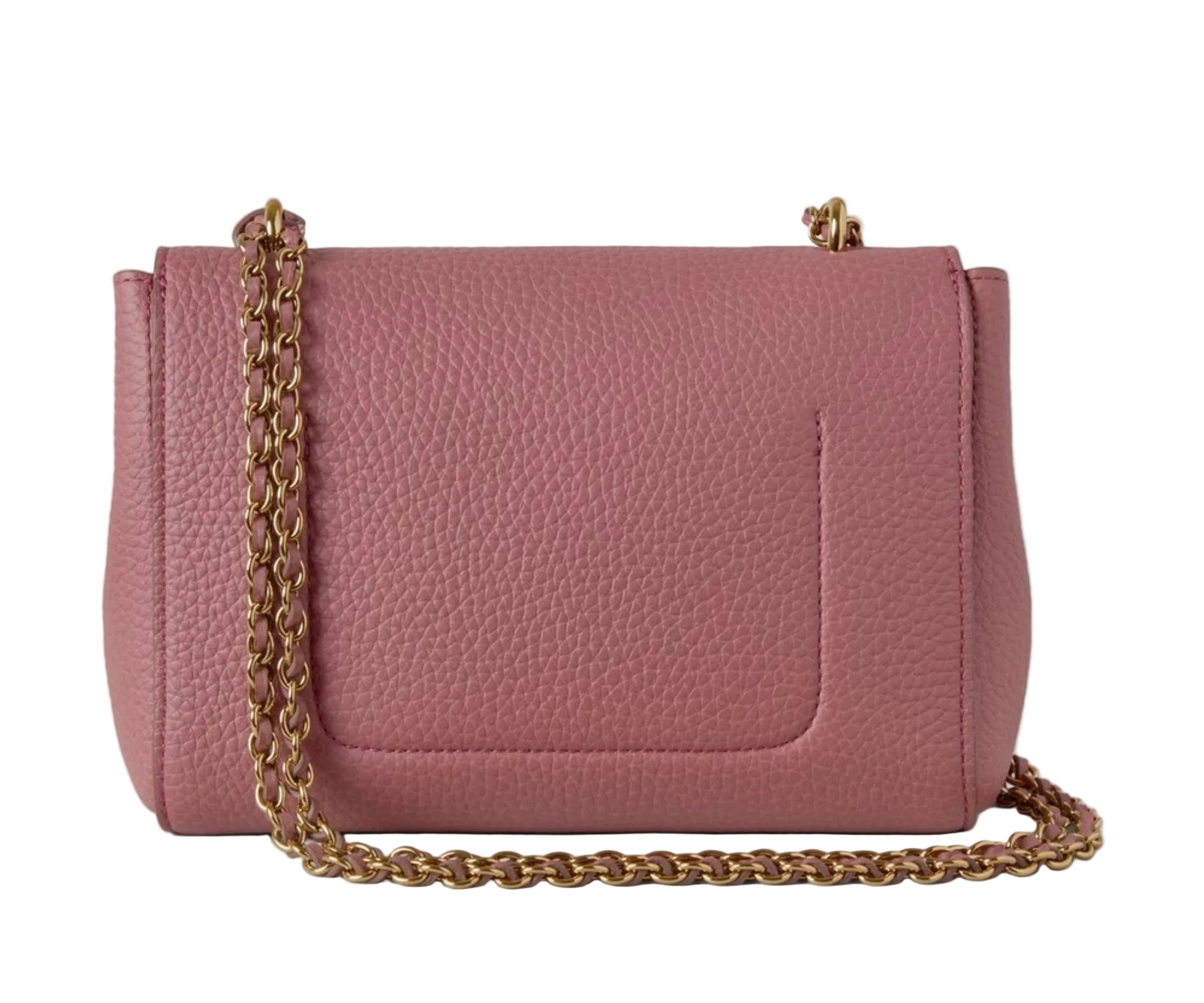Pink handbag with a gold chain strap on a light gray background