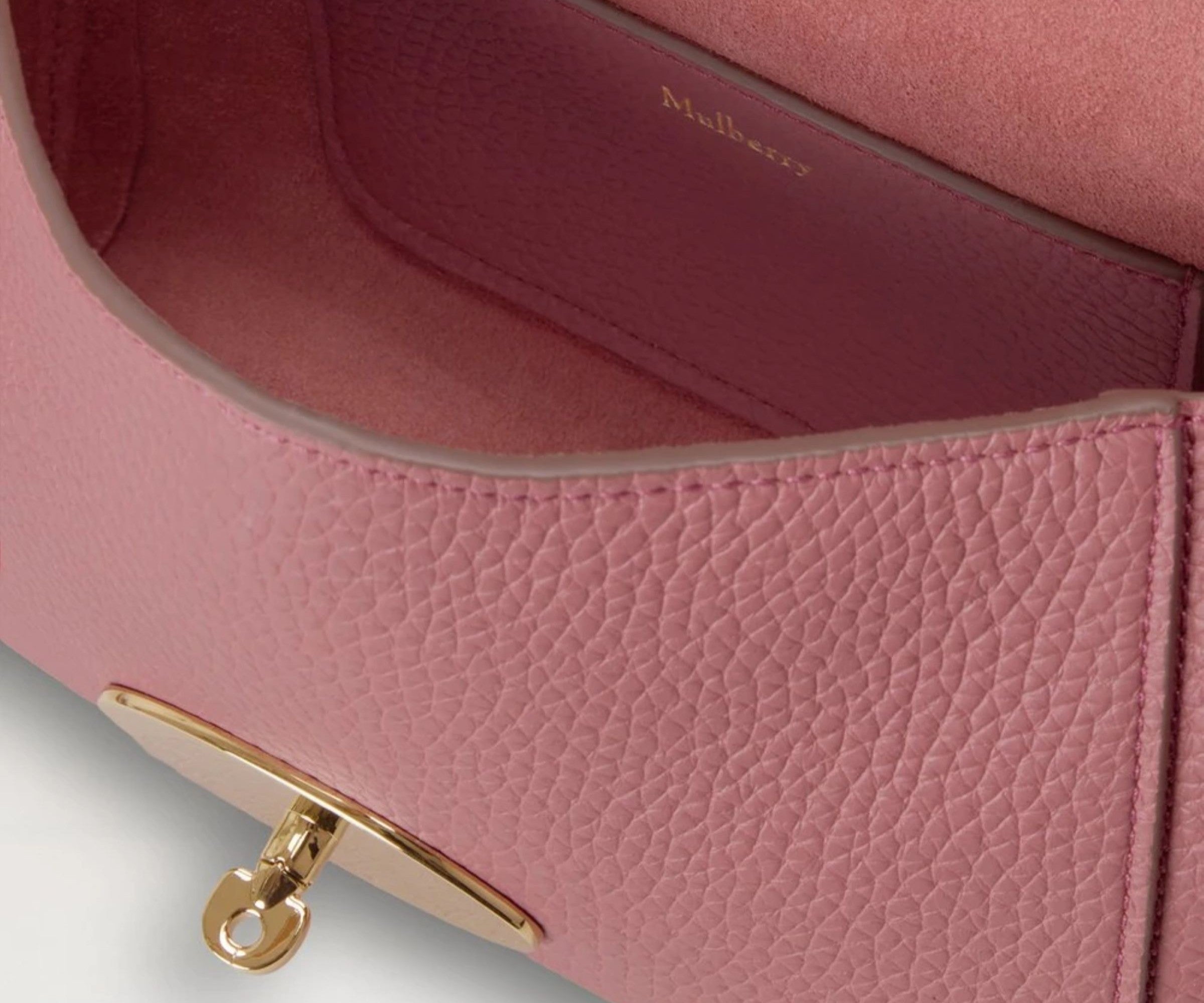 Close-up of a pink handbag with gold clasp on a light gray background