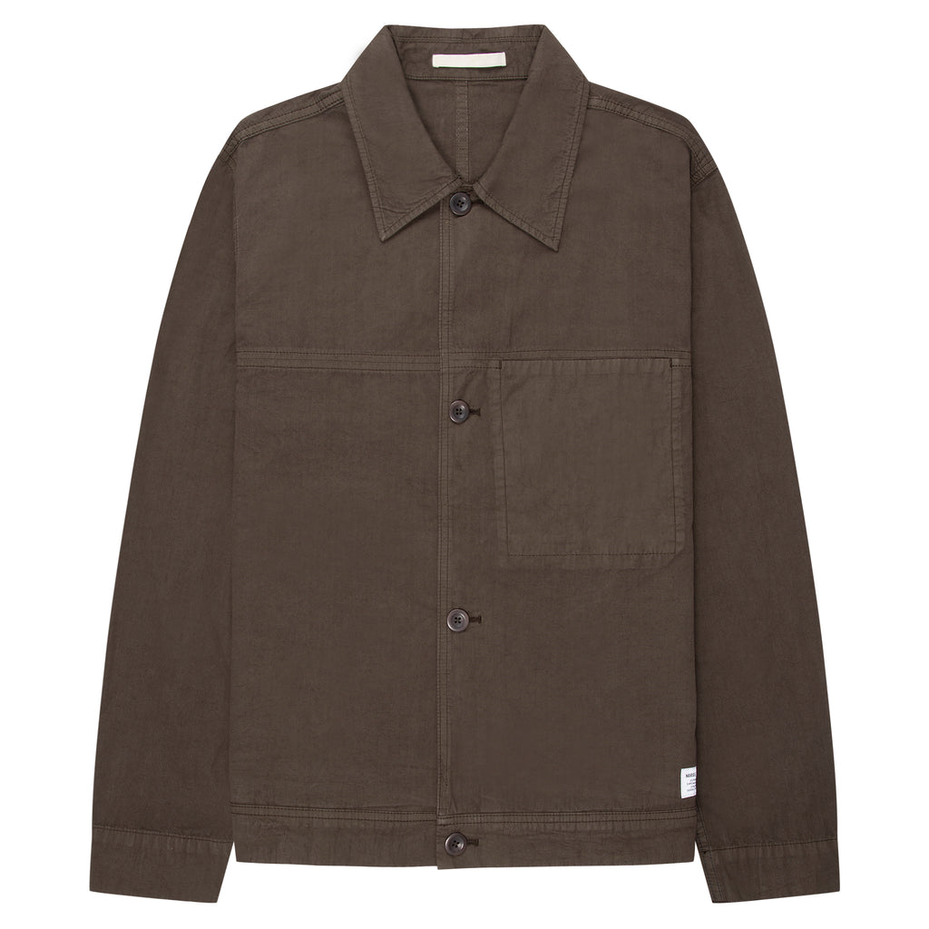 Brown jacket with collar and button details on a white background