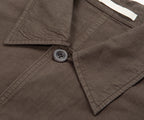 Close-up of a brown jacket collar with a button and white label.