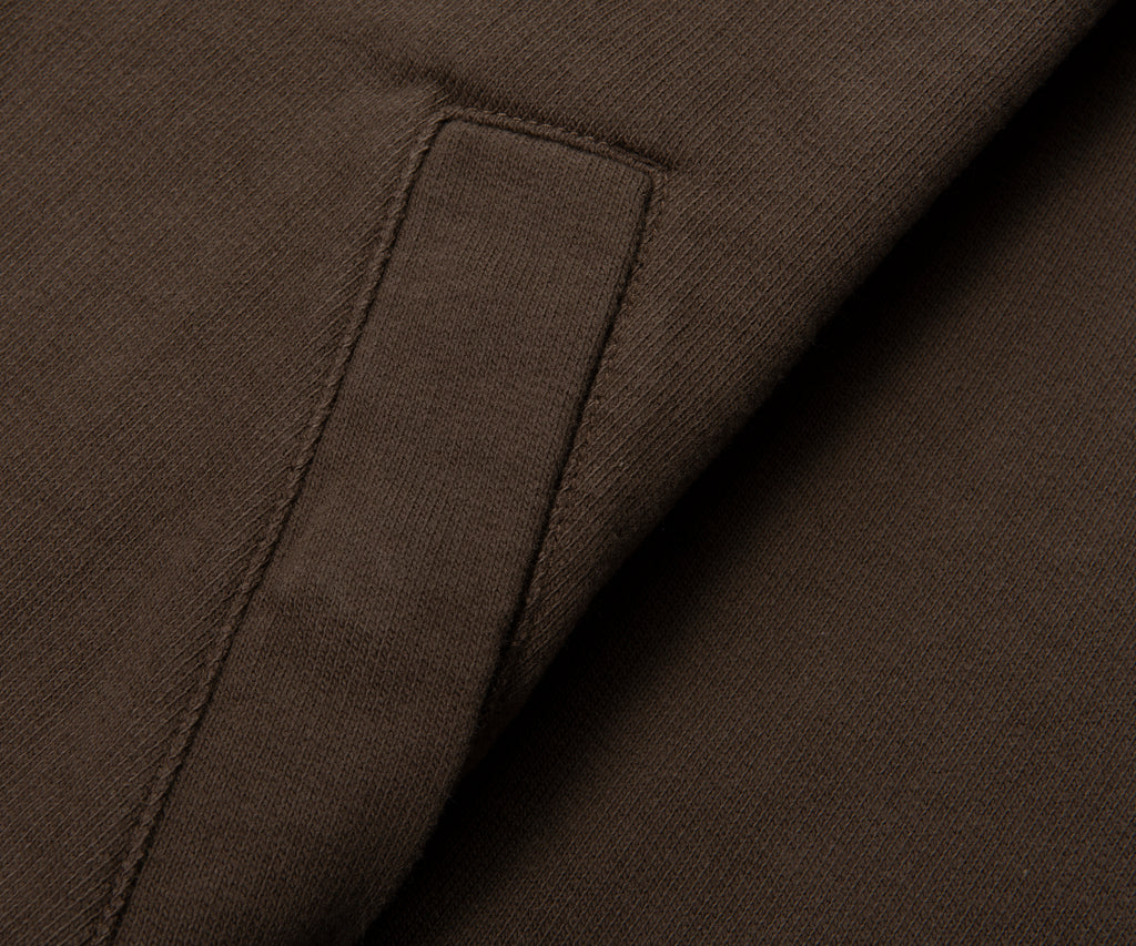 Close-up of brown fabric with a pocket detail