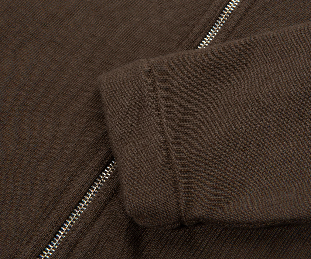 Close-up of a brown jacket with a zipper