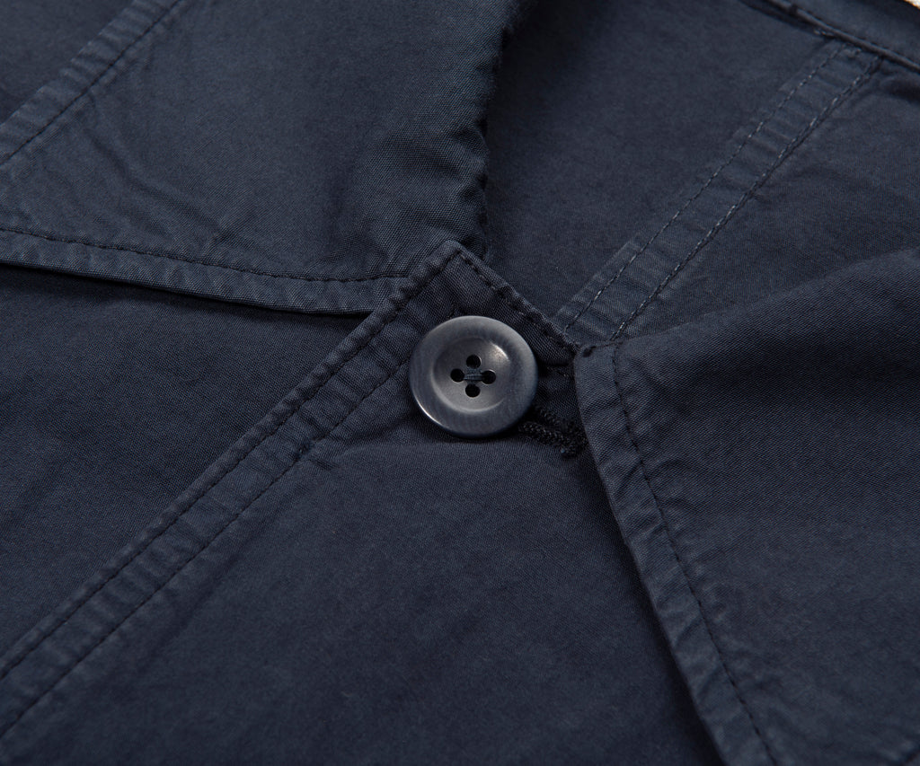 Close-up of a button on a navy blue fabric