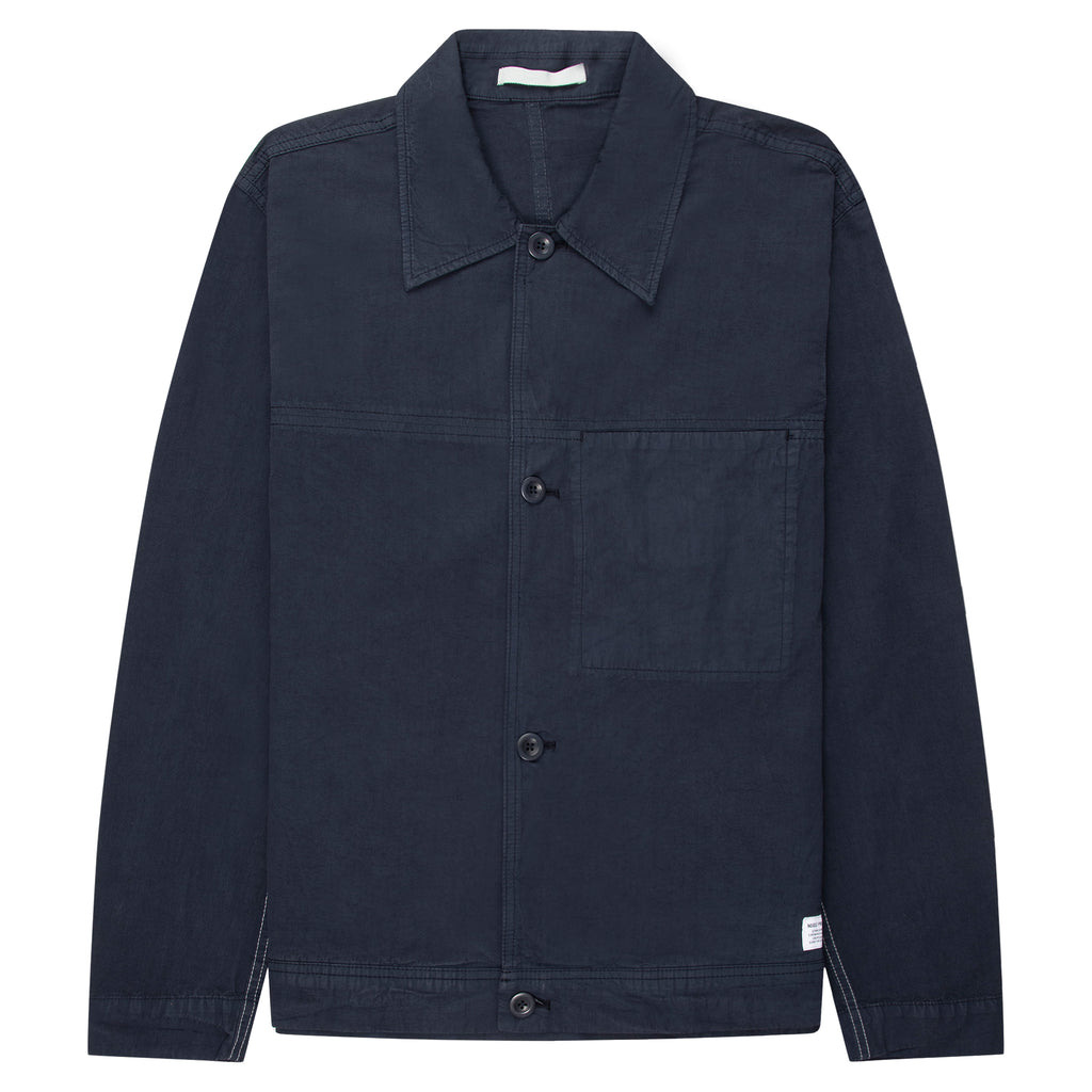 Navy blue jacket with button details on a white background