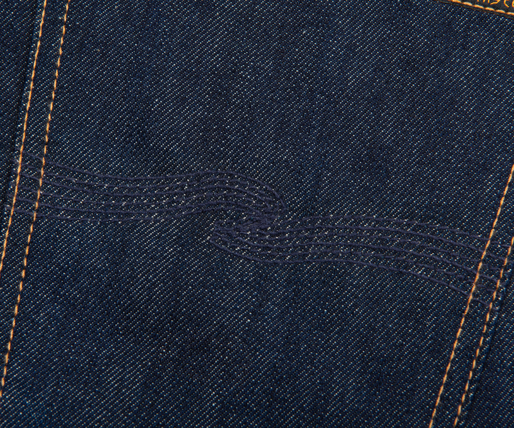 Close-up of blue denim fabric with stitching details