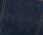 Close-up of blue denim fabric with stitching details