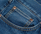 Close-up of a blue denim pocket with stitching details