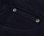 Close-up of a black denim pocket with metal buttons