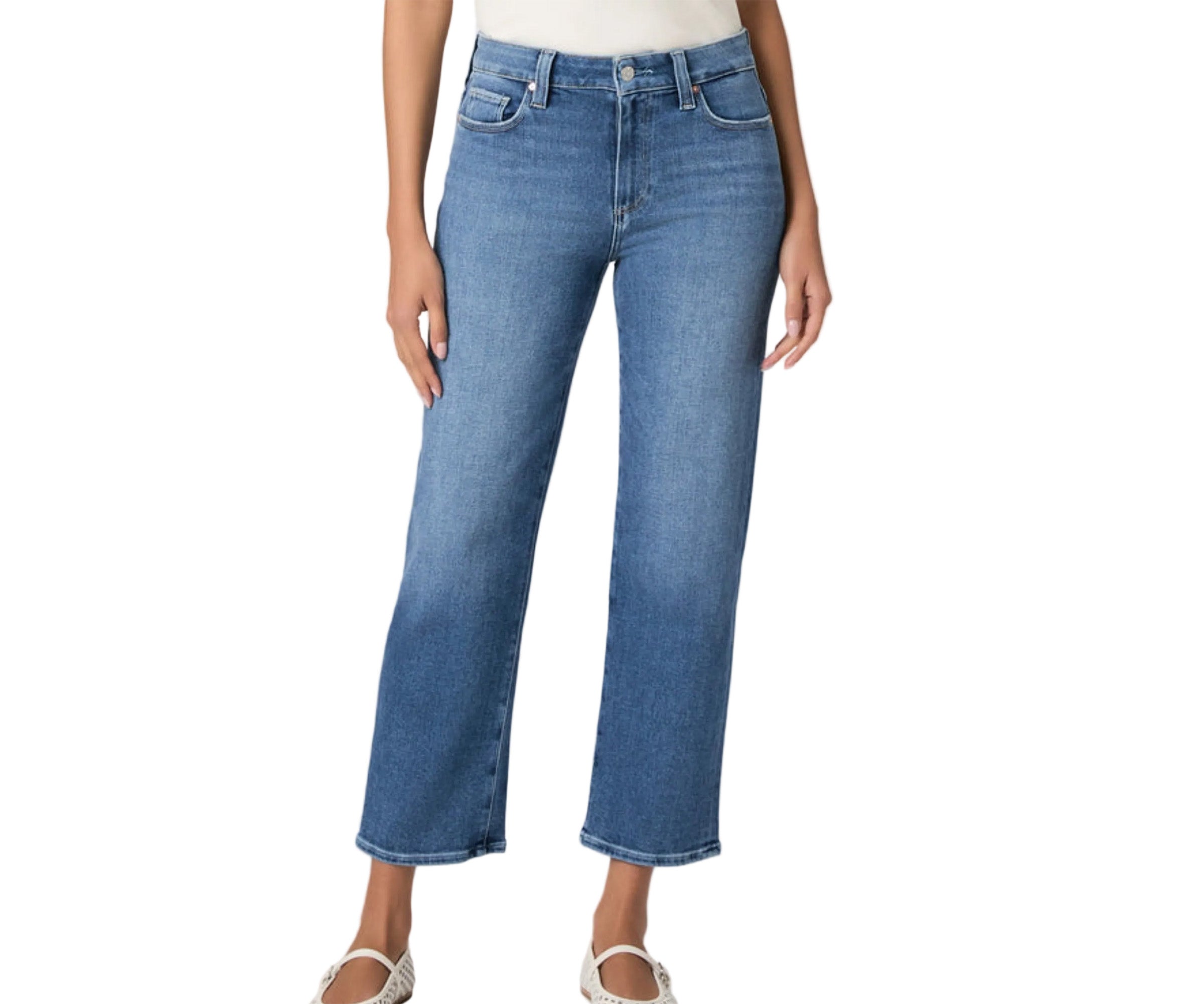 Blue jeans worn by a person on a white background