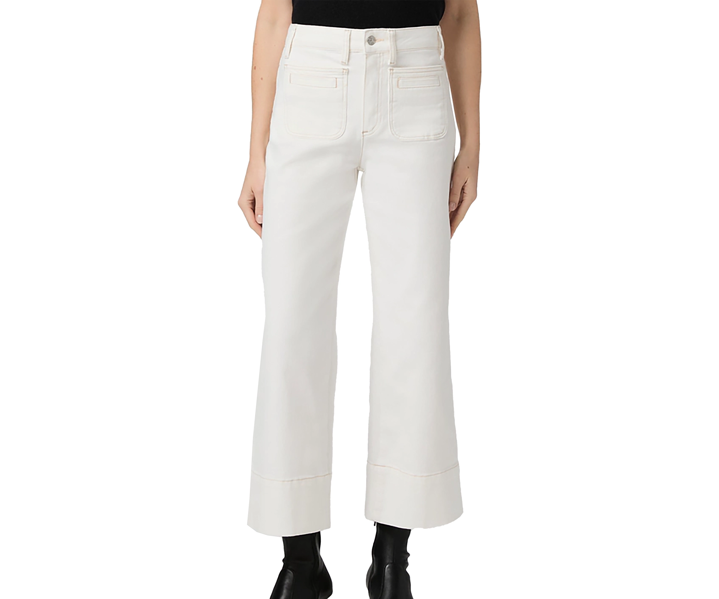 Person wearing white high-waisted pants on a white background