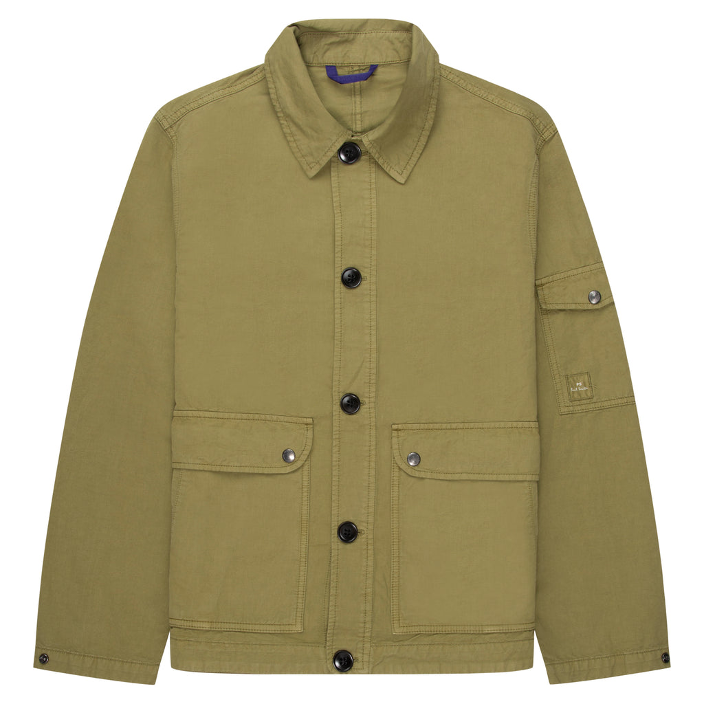 Green jacket with button details on a white background