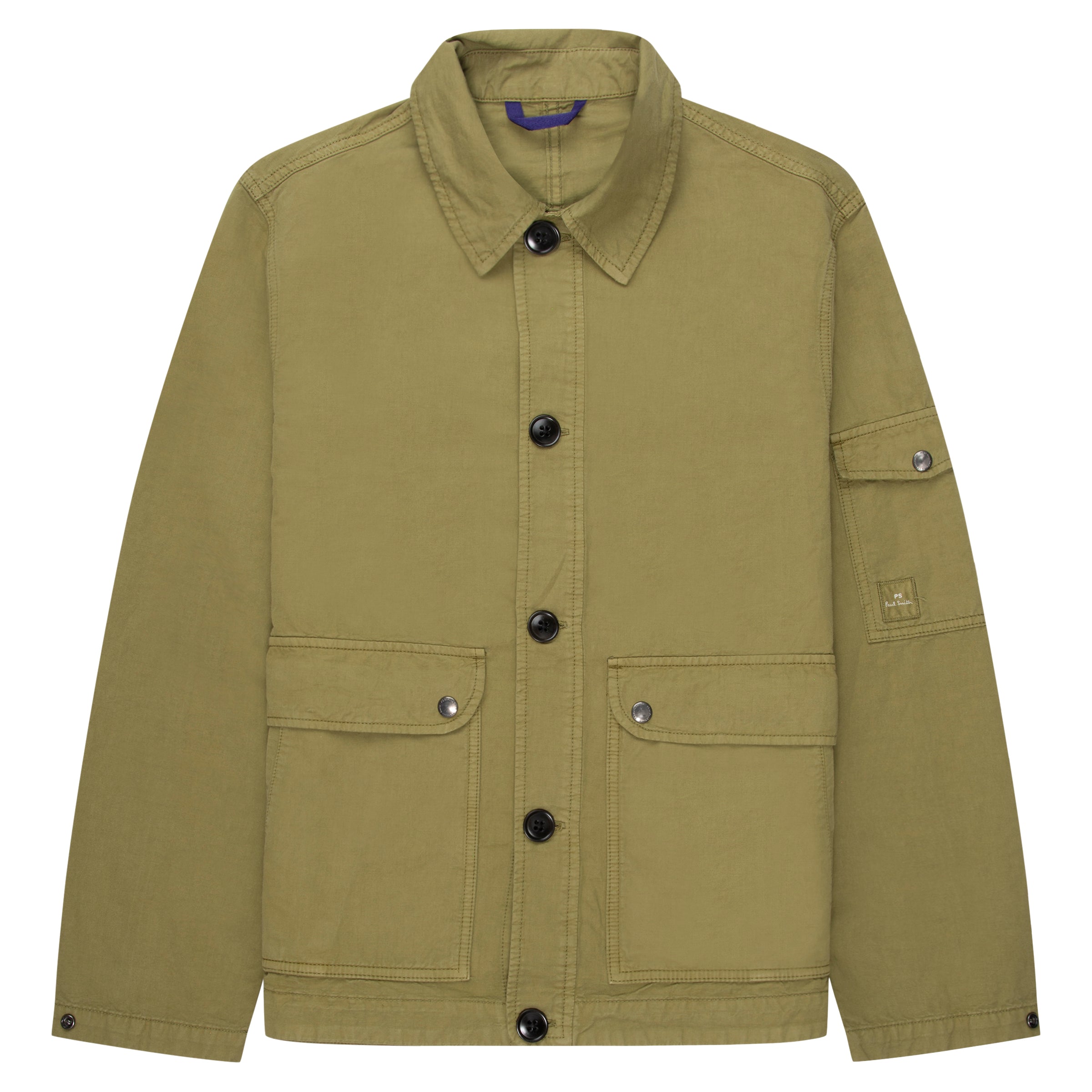 Green jacket with button details on a white background