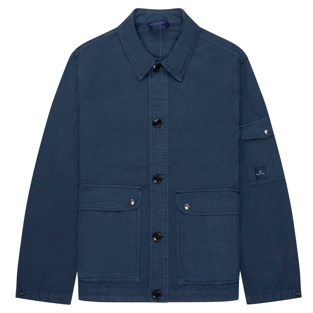 Blue jacket with button details on a white background