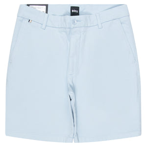 Light blue shorts with a brand label