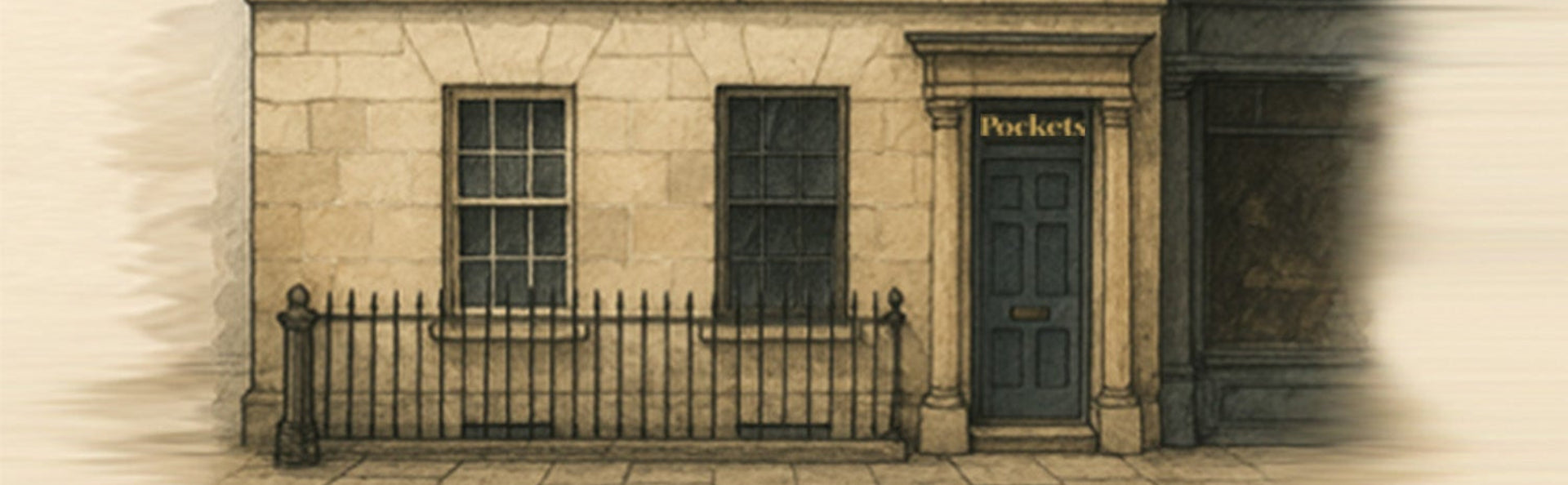 Illustration of Pockets Townhouse building façade with a door and windows, featuring the brand 'Pockets'.