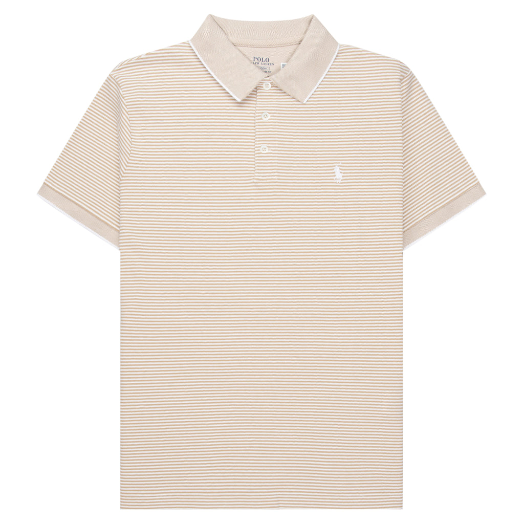 Beige striped polo shirt with a brand logo on a white background