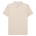 Beige striped polo shirt with a brand logo on a white background