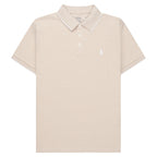 Beige striped polo shirt with a brand logo on a white background