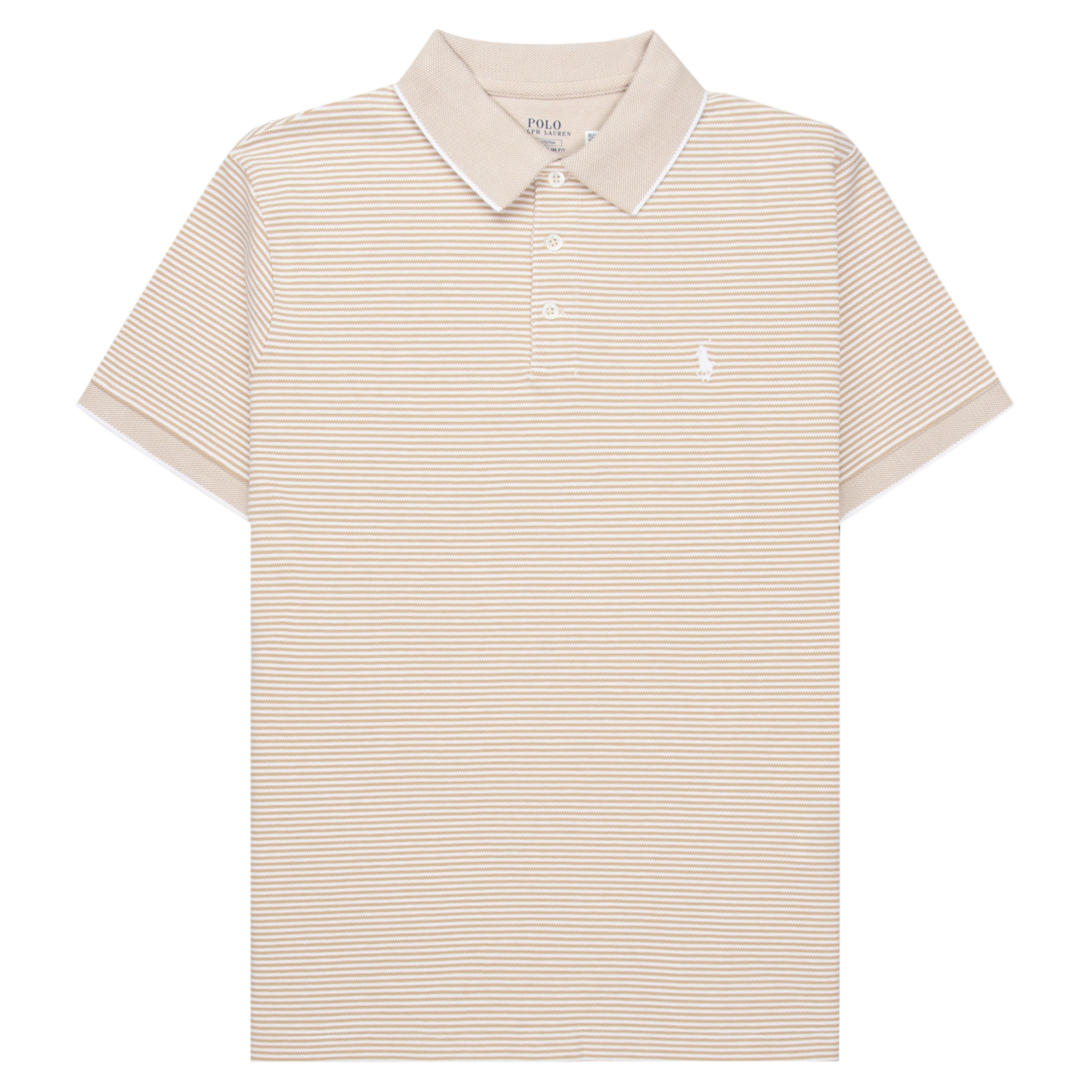 Beige striped polo shirt with a brand logo on a white background