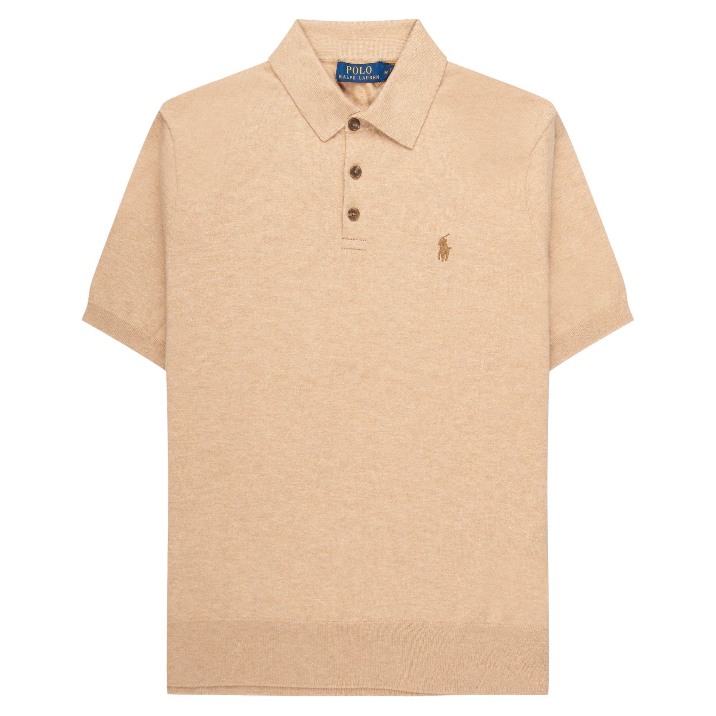 Ralph Lauren camel knitted soft polo with fine knit texture, classic collar and relaxed tailored fit