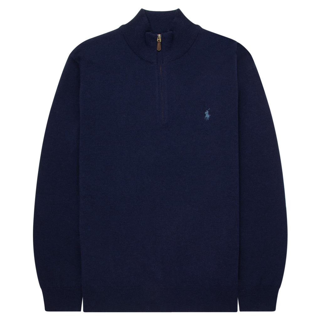 Ralph Lauren 1/4 zip knit in hunter navy with classic embroidered logo, ribbed trims and regular fit