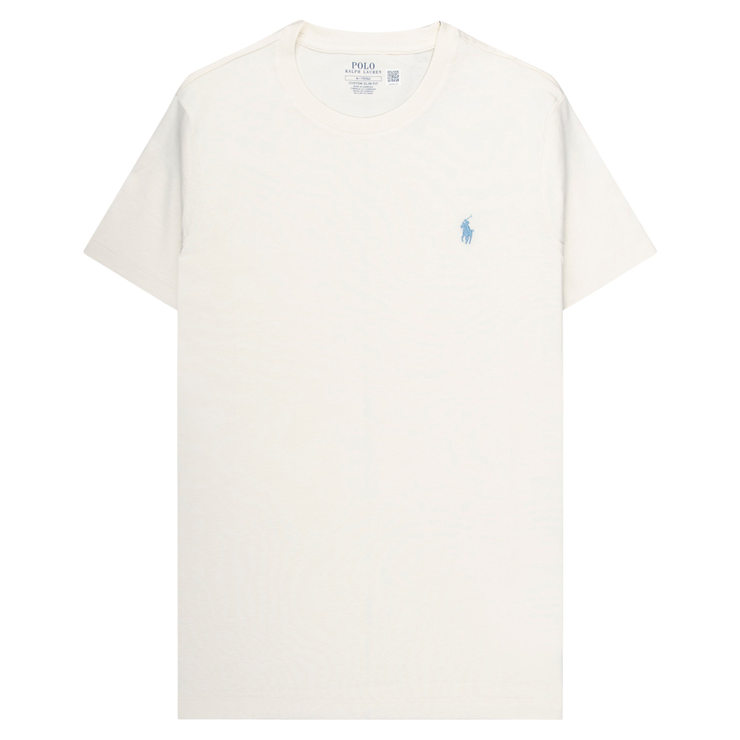 White t-shirt with a small logo on a white background