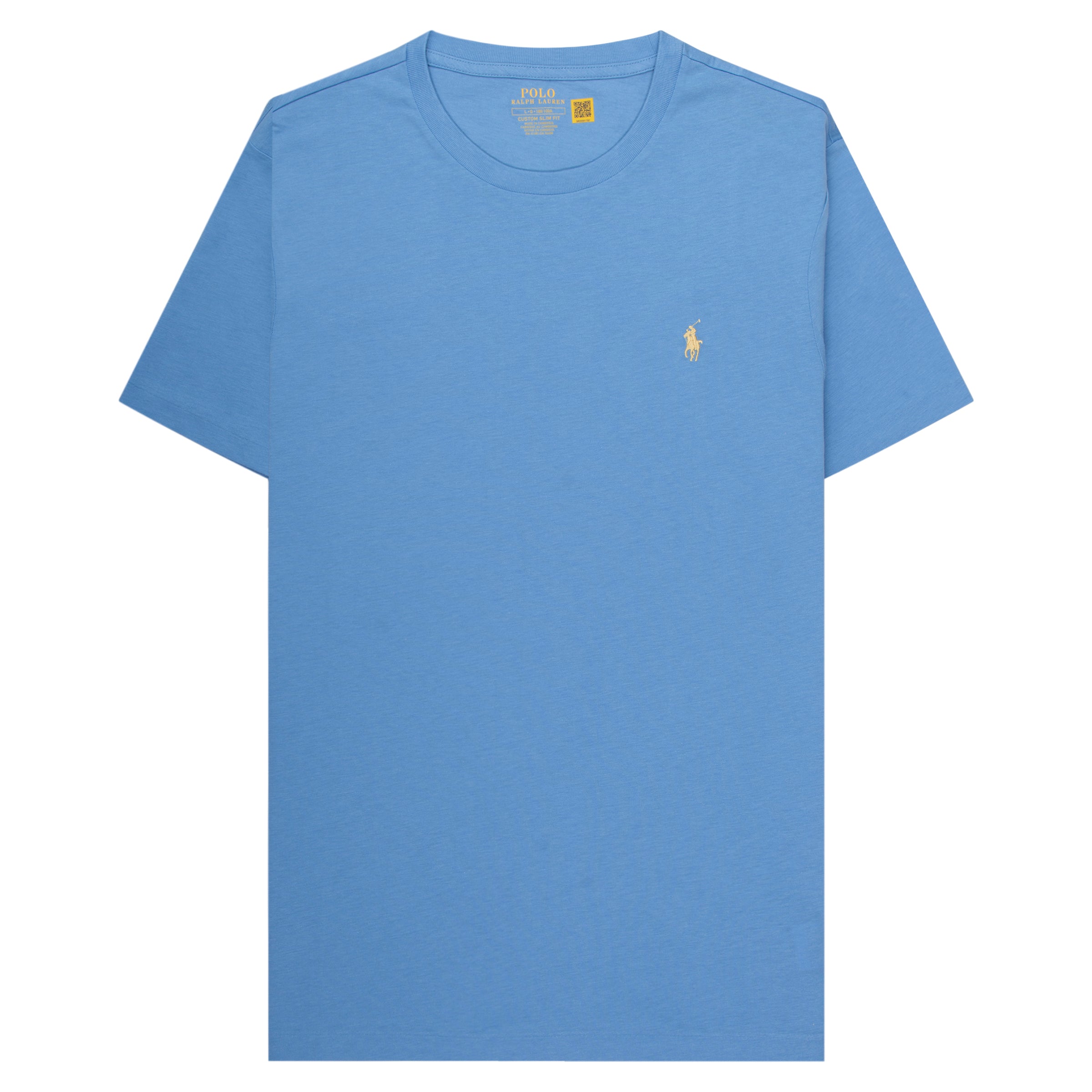 Blue t-shirt with a small logo on a white background