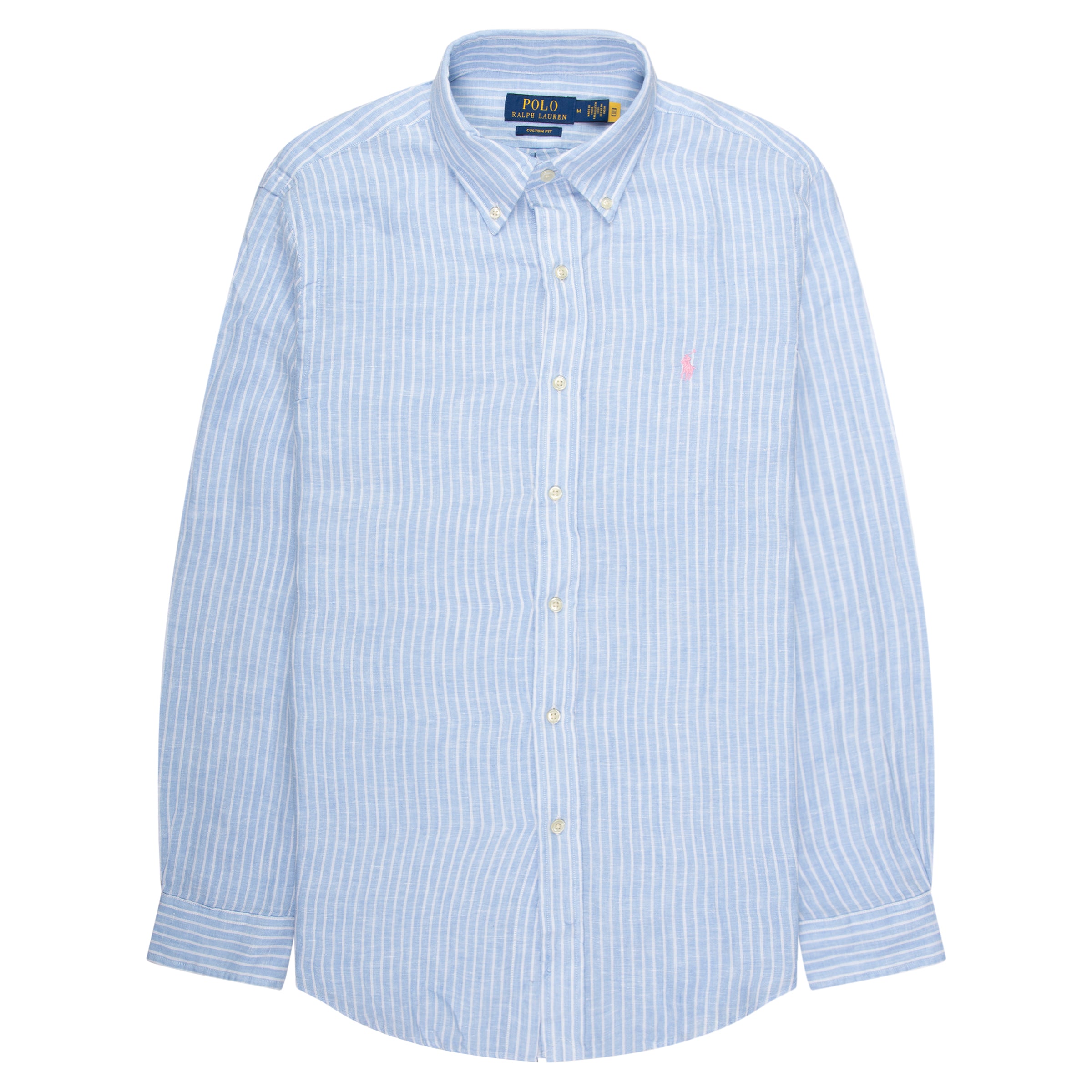 Light blue striped shirt with brand logo on a white background