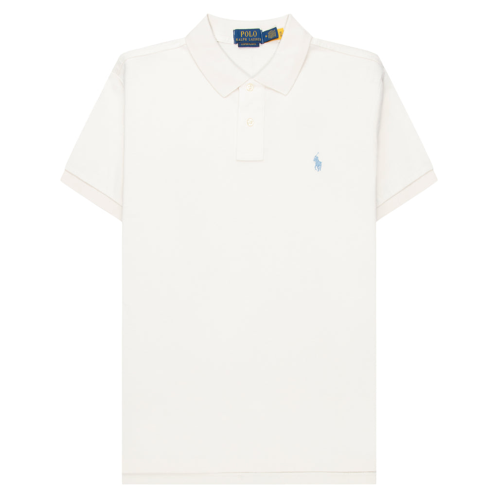 White polo shirt with a small blue logo on a white background