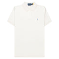 White polo shirt with a small blue logo on a white background