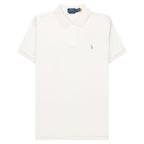 White polo shirt with a small blue logo on a white background