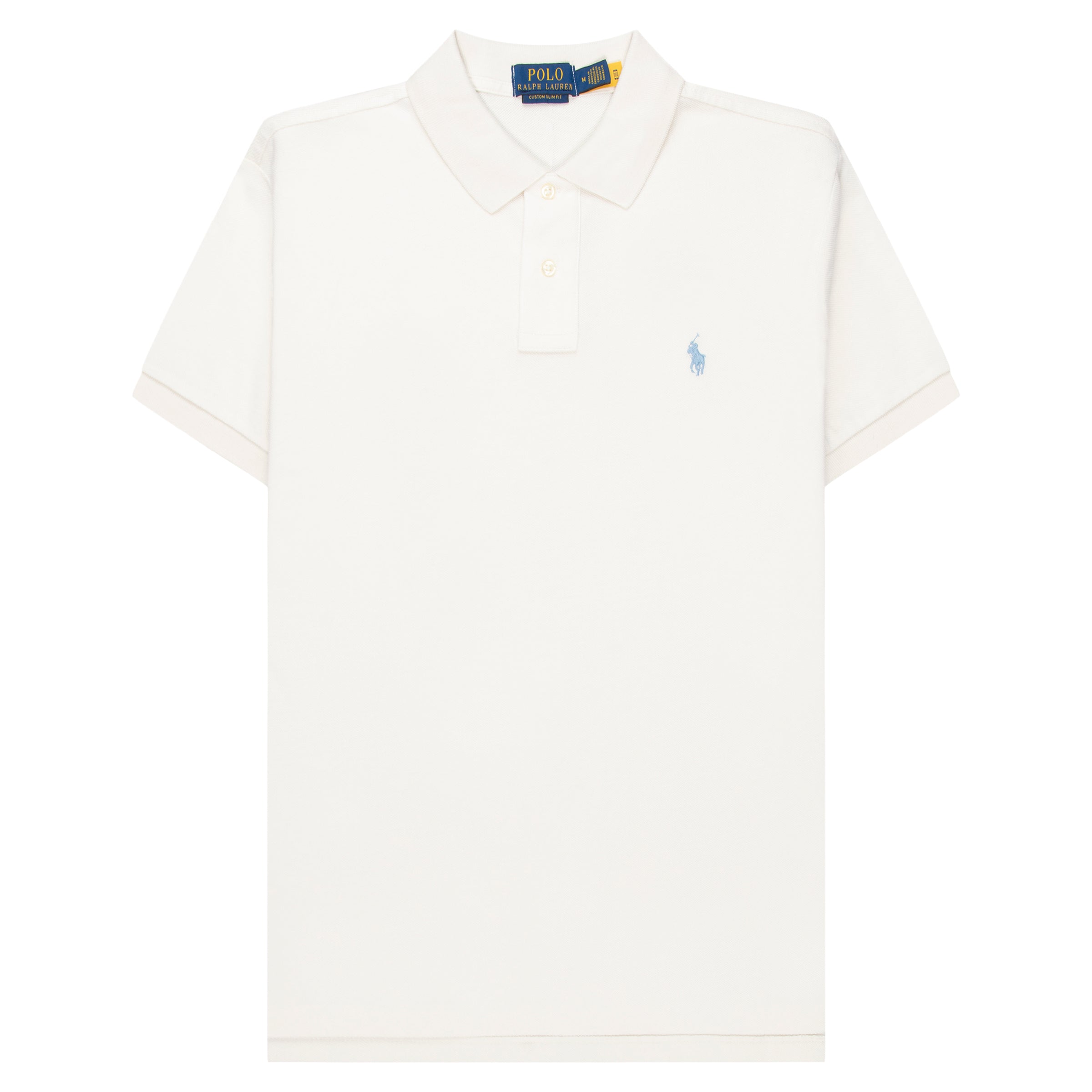 White polo shirt with a small blue logo on a white background