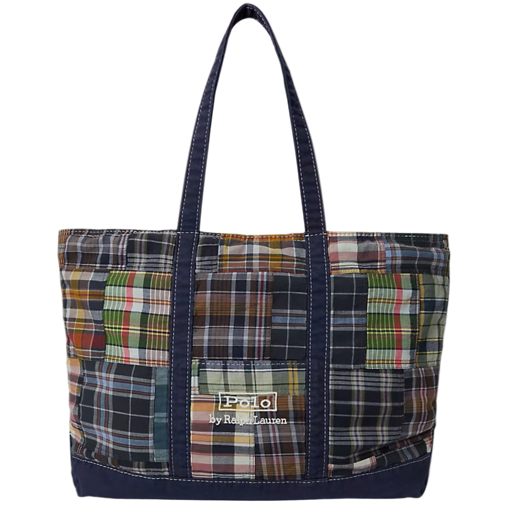 Plaid patterned tote bag with Polo Ralph Lauren logo on a white background