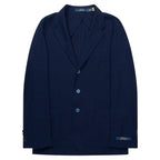 Navy blue blazer with brand logo on a white background