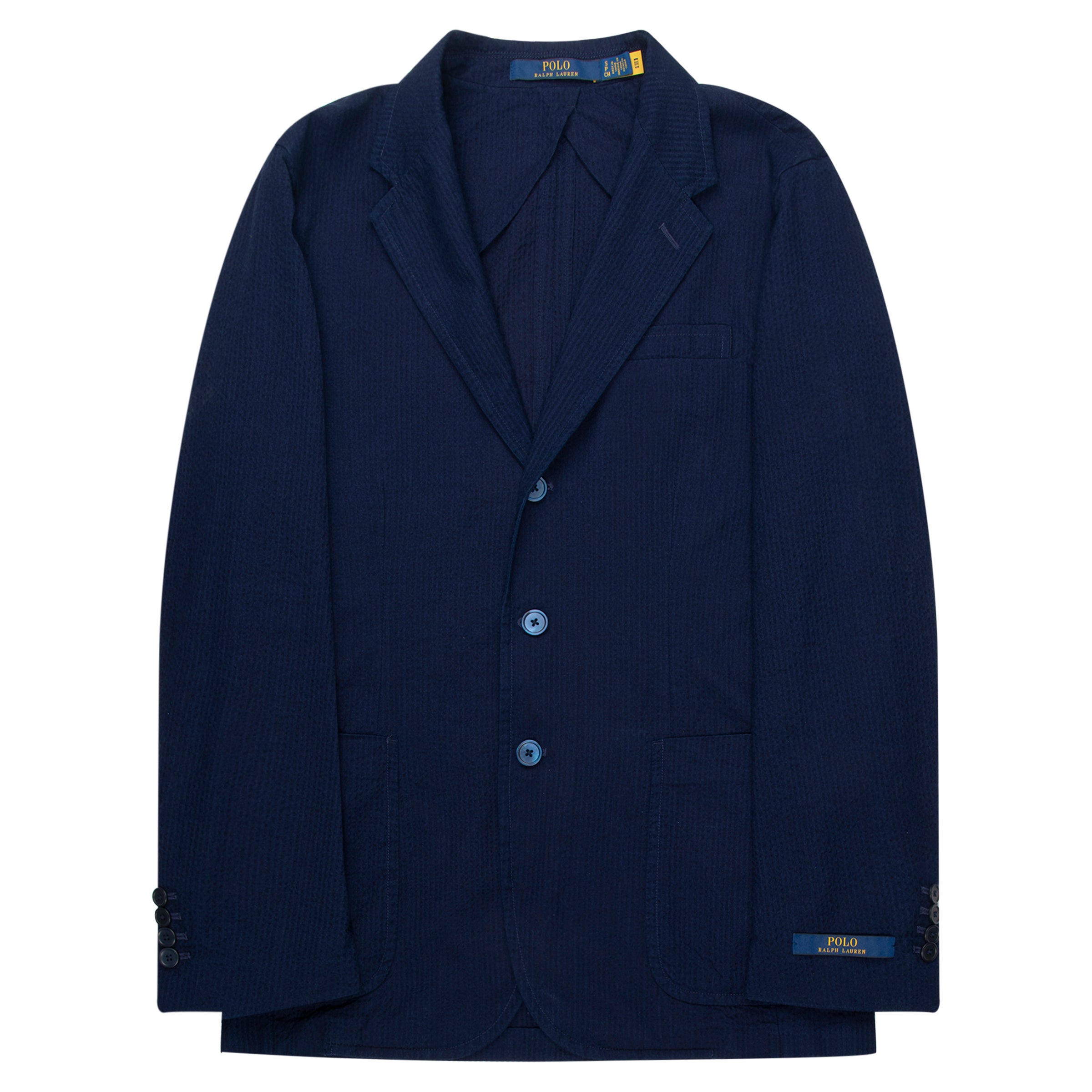 Navy blue blazer with brand logo on a white background
