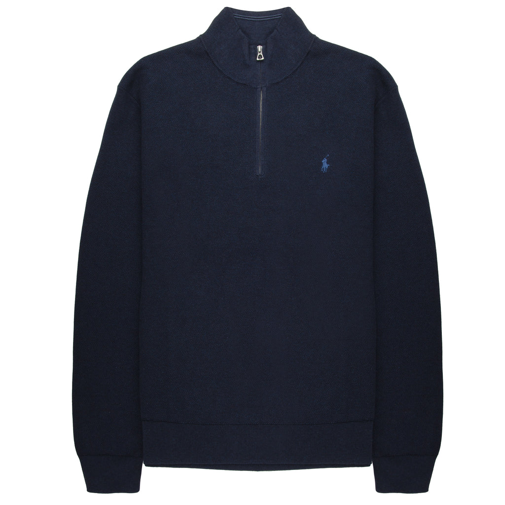 Navy blue half-zip sweatshirt with a small logo on a white background