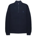 Navy blue half-zip sweatshirt with a small logo on a white background