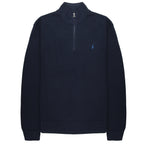 Navy blue half-zip sweatshirt with a small logo on a white background