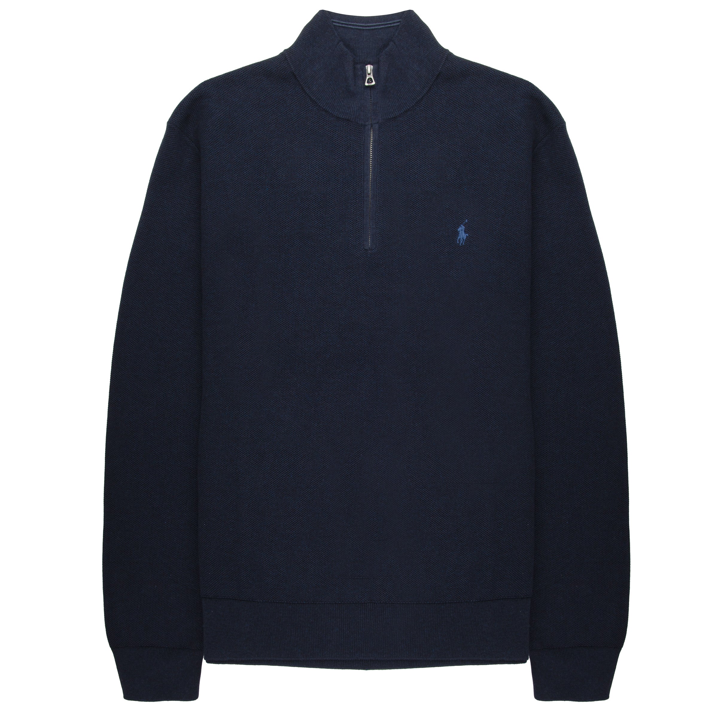 Navy blue half-zip sweatshirt with a small logo on a white background