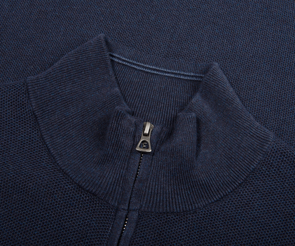 Close-up of a navy blue sweater collar with a zipper