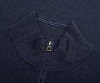 Close-up of a navy blue sweater collar with a zipper