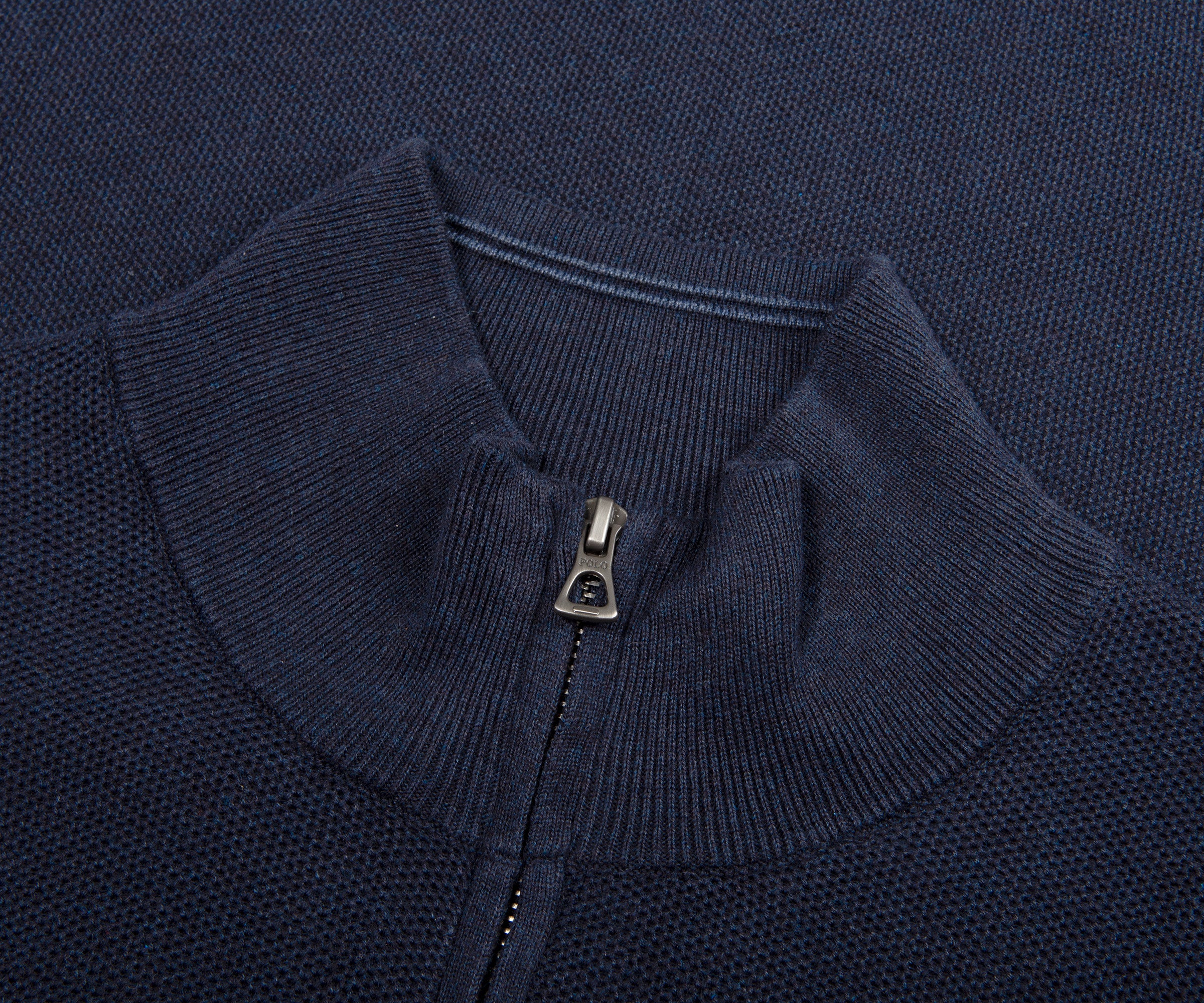 Close-up of a navy blue sweater collar with a zipper