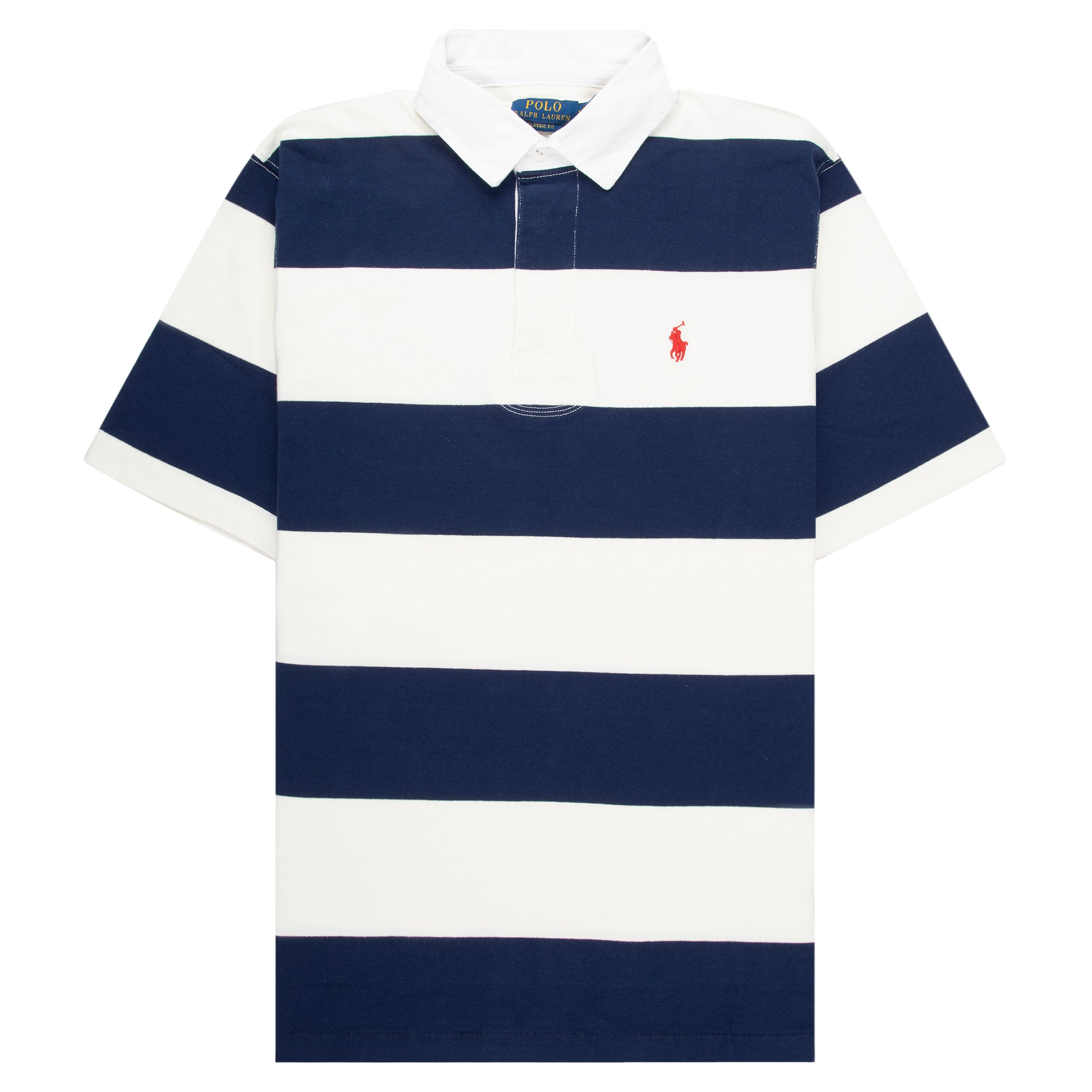 Navy and white striped polo shirt with a red logo on a white background